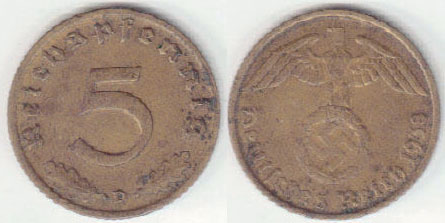 1938 D Germany 5 Pfennig A000483.